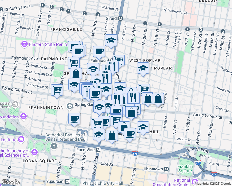 map of restaurants, bars, coffee shops, grocery stores, and more near 1341 Brandywine Street in Philadelphia