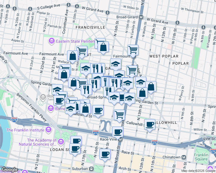 map of restaurants, bars, coffee shops, grocery stores, and more near 1601 Spring Garden Street in Philadelphia