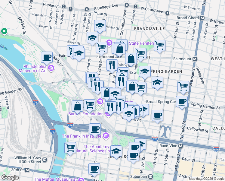 map of restaurants, bars, coffee shops, grocery stores, and more near 2001 Hamilton Street in Philadelphia