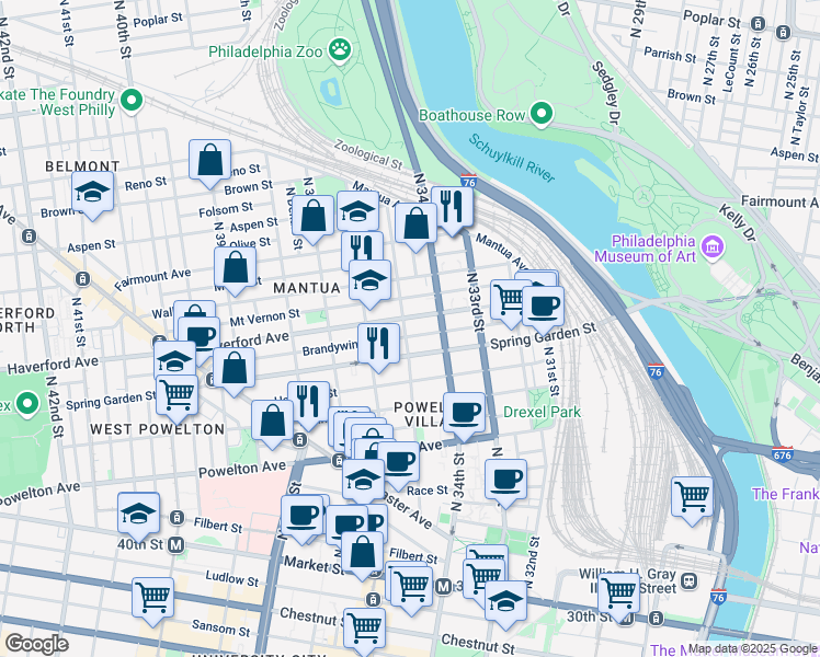 map of restaurants, bars, coffee shops, grocery stores, and more near 3509 Spring Garden Street in Philadelphia