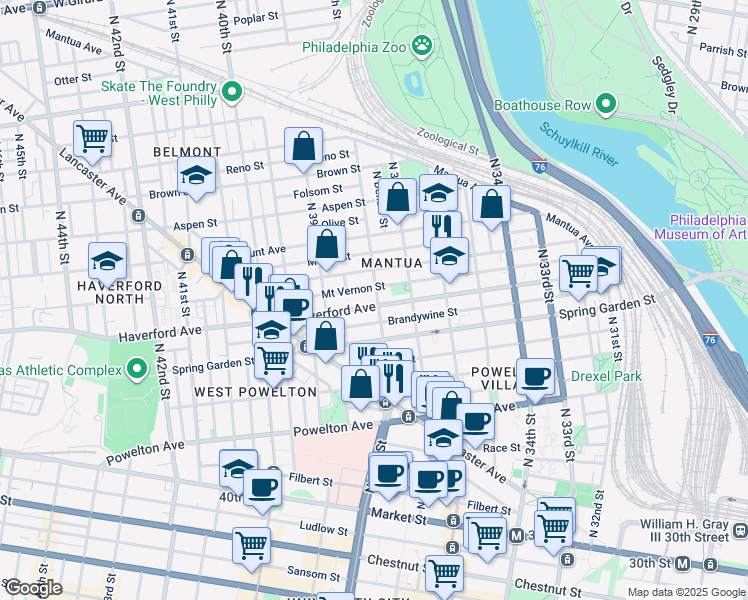 map of restaurants, bars, coffee shops, grocery stores, and more near 3819 Brandywine Street in Philadelphia