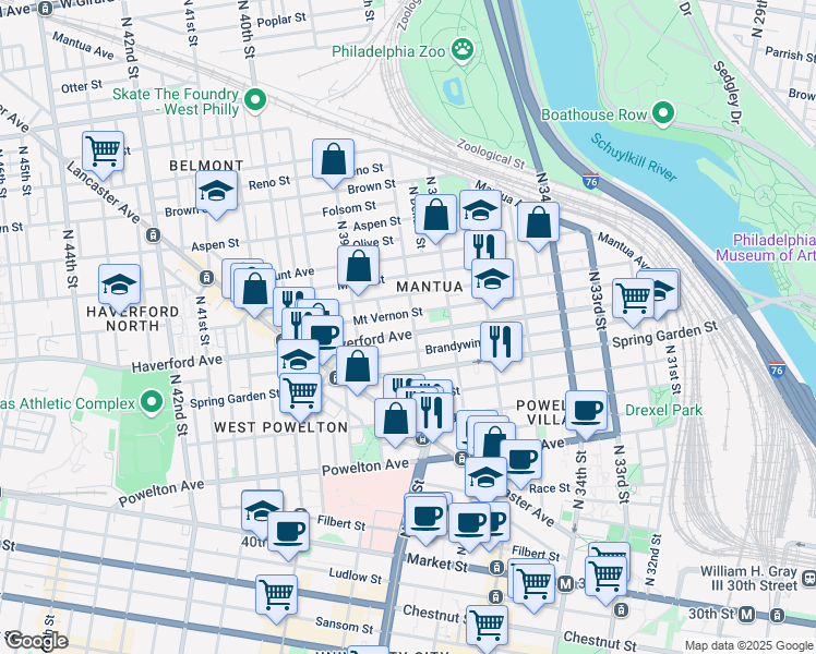 map of restaurants, bars, coffee shops, grocery stores, and more near 3819 Brandywine Street in Philadelphia