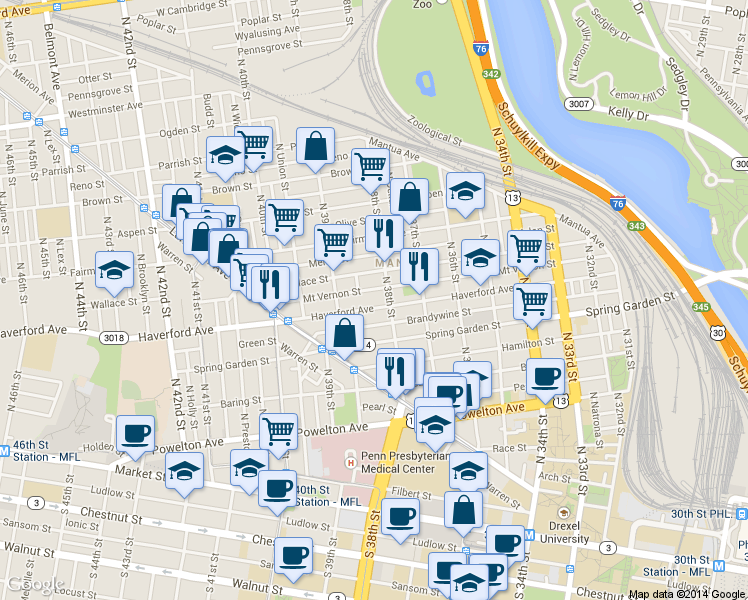 map of restaurants, bars, coffee shops, grocery stores, and more near 3819 Brandywine Street in Philadelphia