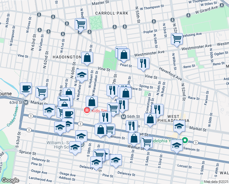 map of restaurants, bars, coffee shops, grocery stores, and more near 5654 Appletree Street in Philadelphia