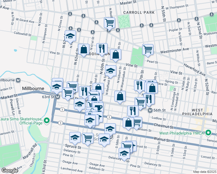map of restaurants, bars, coffee shops, grocery stores, and more near 20 North 59th Street in Philadelphia