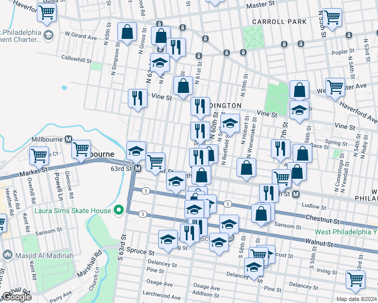 map of restaurants, bars, coffee shops, grocery stores, and more near 38 North Edgewood Street in Philadelphia