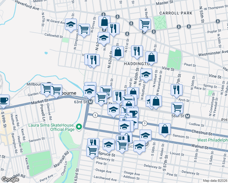 map of restaurants, bars, coffee shops, grocery stores, and more near 29 North Dewey Street in Philadelphia