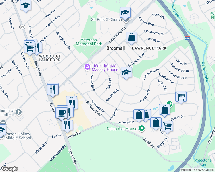 map of restaurants, bars, coffee shops, grocery stores, and more near 236 Talbot Drive in Broomall
