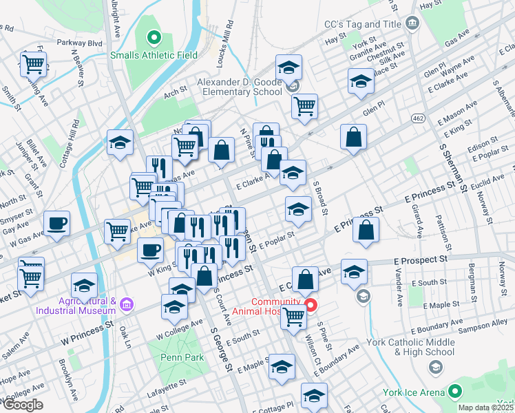 map of restaurants, bars, coffee shops, grocery stores, and more near 241 East King Street in York