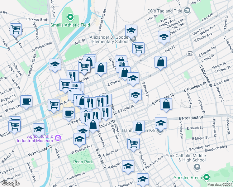 map of restaurants, bars, coffee shops, grocery stores, and more near 241 East King Street in York
