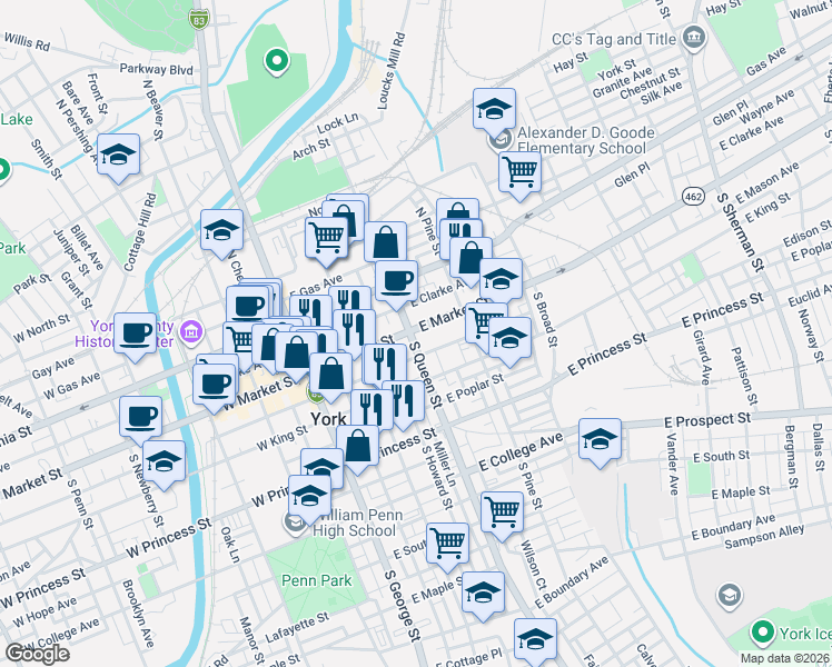 map of restaurants, bars, coffee shops, grocery stores, and more near 28 South Queen Street in York