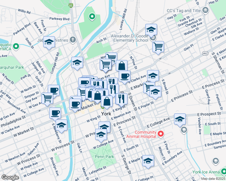 map of restaurants, bars, coffee shops, grocery stores, and more near 41 East Market Street in York