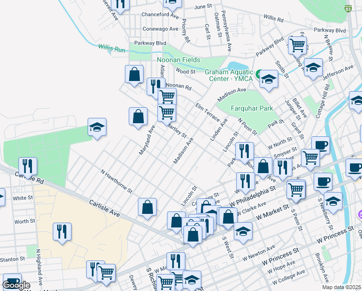 map of restaurants, bars, coffee shops, grocery stores, and more near 557 Rockdale Avenue in York