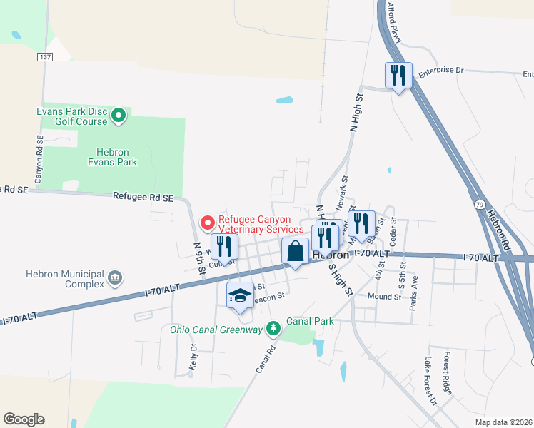 map of restaurants, bars, coffee shops, grocery stores, and more near 114 North 7th Street in Hebron