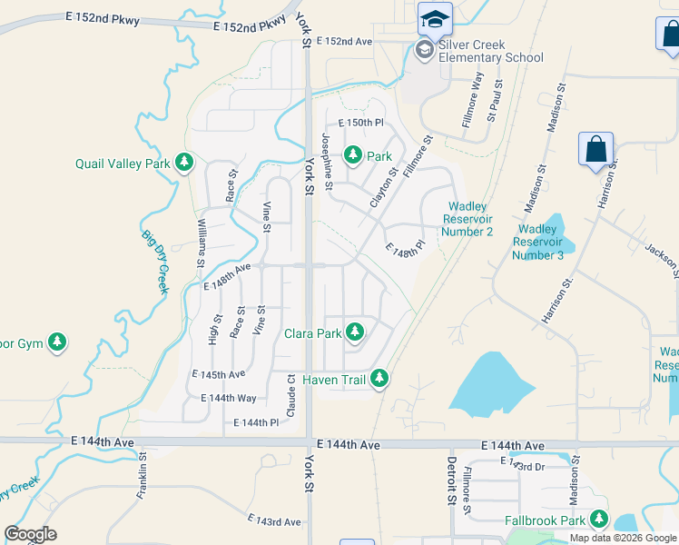 map of restaurants, bars, coffee shops, grocery stores, and more near 14719 Columbine Street in Thornton