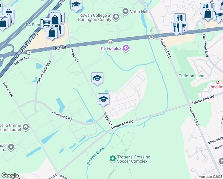 map of restaurants, bars, coffee shops, grocery stores, and more near 2060 Briggs Road in Mount Laurel Township