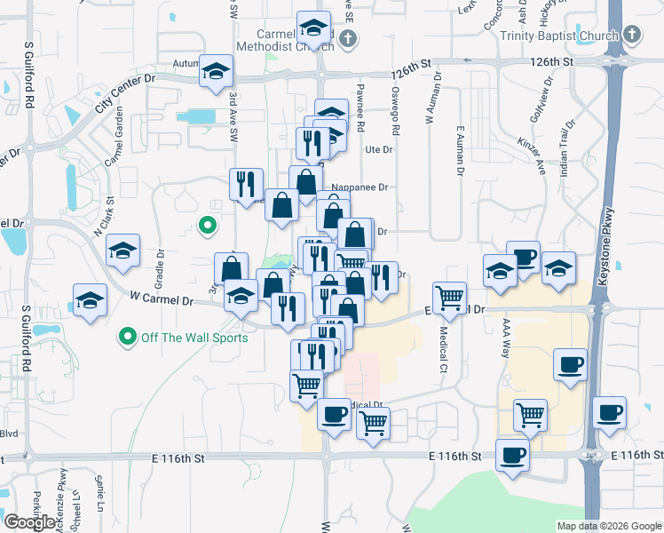 map of restaurants, bars, coffee shops, grocery stores, and more near 1200 South Rangeline Road in Carmel