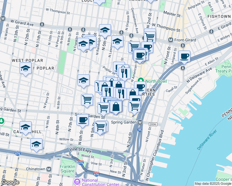 map of restaurants, bars, coffee shops, grocery stores, and more near Brown St & N Orianna St in Philadelphia