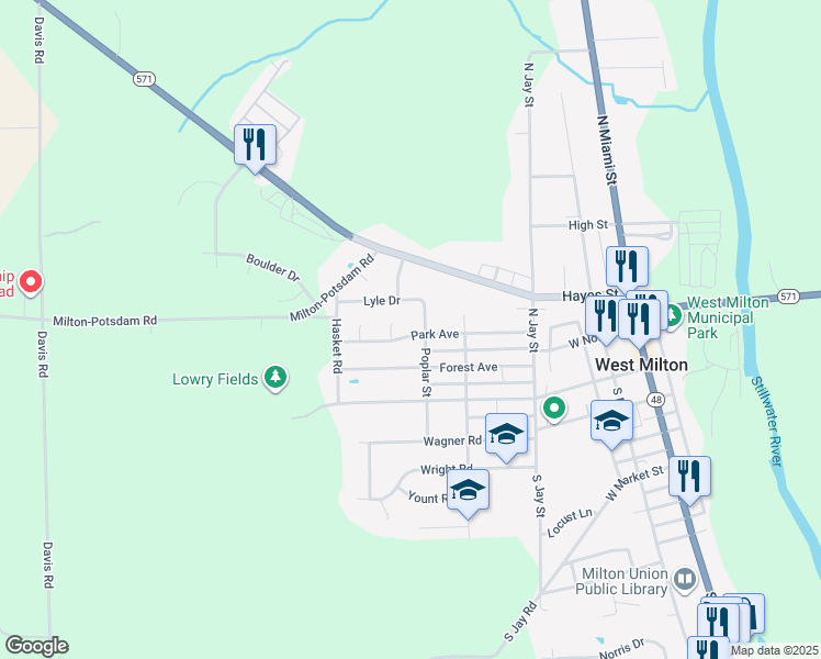 map of restaurants, bars, coffee shops, grocery stores, and more near 433 Park Avenue in West Milton