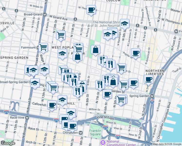 map of restaurants, bars, coffee shops, grocery stores, and more near 621 North 8th Street in Philadelphia