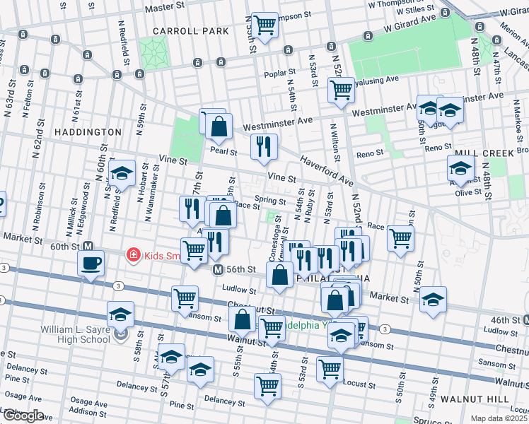 map of restaurants, bars, coffee shops, grocery stores, and more near 155 North 55th Street in Philadelphia
