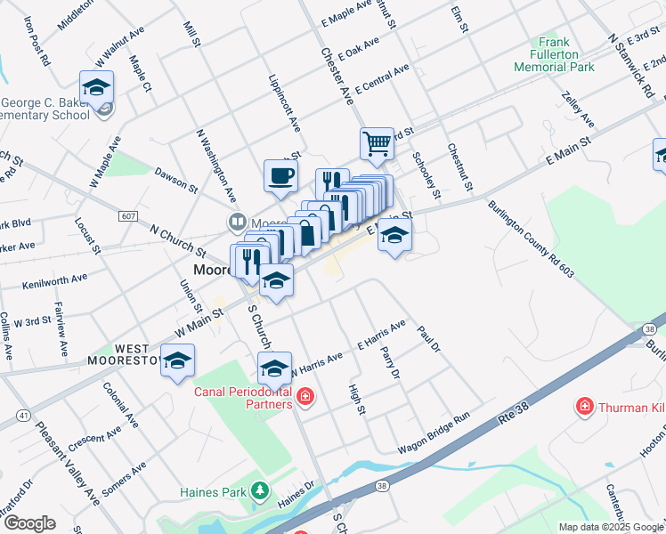 map of restaurants, bars, coffee shops, grocery stores, and more near 16 East Main Street in Moorestown