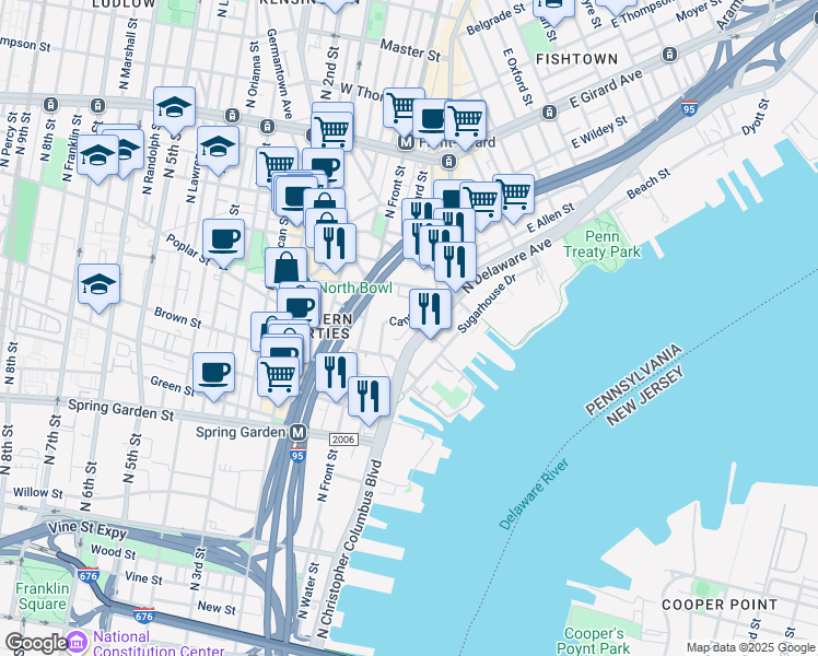 map of restaurants, bars, coffee shops, grocery stores, and more near 626 North Delaware Avenue in Philadelphia
