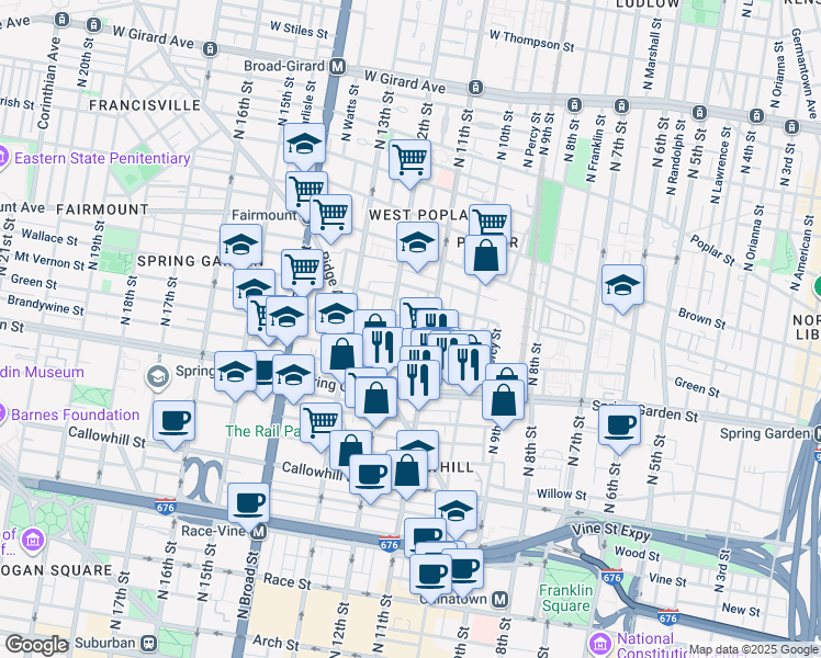 map of restaurants, bars, coffee shops, grocery stores, and more near 1117 Mount Vernon Street in Philadelphia