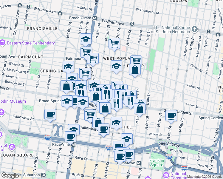 map of restaurants, bars, coffee shops, grocery stores, and more near 1121 Mt Vernon St in Philadelphia