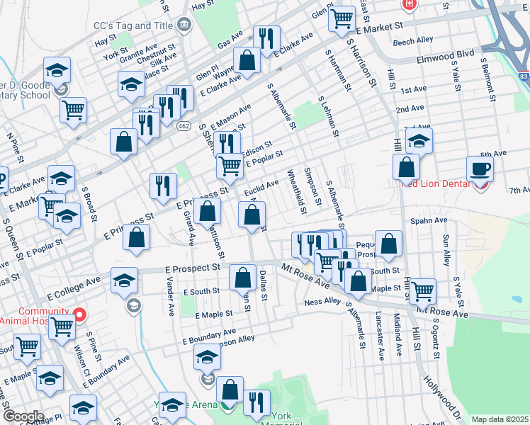 map of restaurants, bars, coffee shops, grocery stores, and more near 365 Norway Street in York