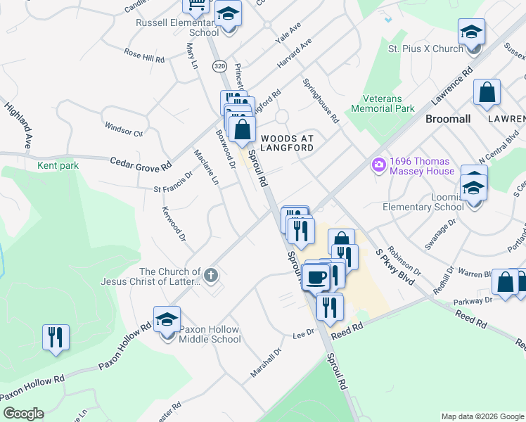 map of restaurants, bars, coffee shops, grocery stores, and more near 2004 Sproul Road in Broomall