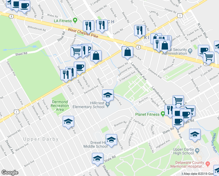 map of restaurants, bars, coffee shops, grocery stores, and more near 1122 Myrtlewood Avenue in Havertown