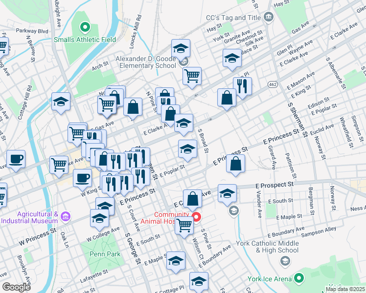 map of restaurants, bars, coffee shops, grocery stores, and more near 328 Reinecke Place in York
