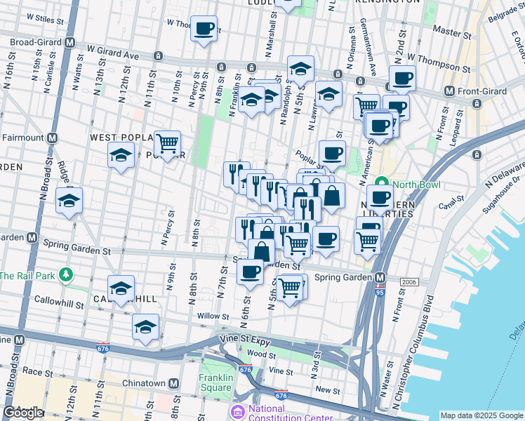 map of restaurants, bars, coffee shops, grocery stores, and more near 715 North 6th Street in Philadelphia