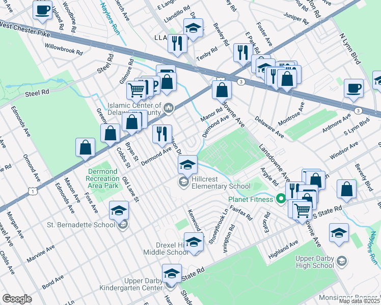 map of restaurants, bars, coffee shops, grocery stores, and more near 1122 Myrtlewood Avenue in Havertown