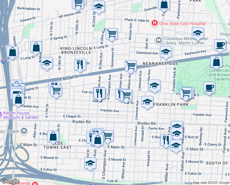 map of restaurants, bars, coffee shops, grocery stores, and more near 1200 Oak Street in Columbus