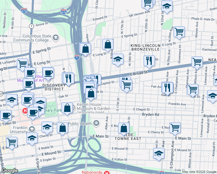 map of restaurants, bars, coffee shops, grocery stores, and more near 43 South Monroe Avenue in Columbus