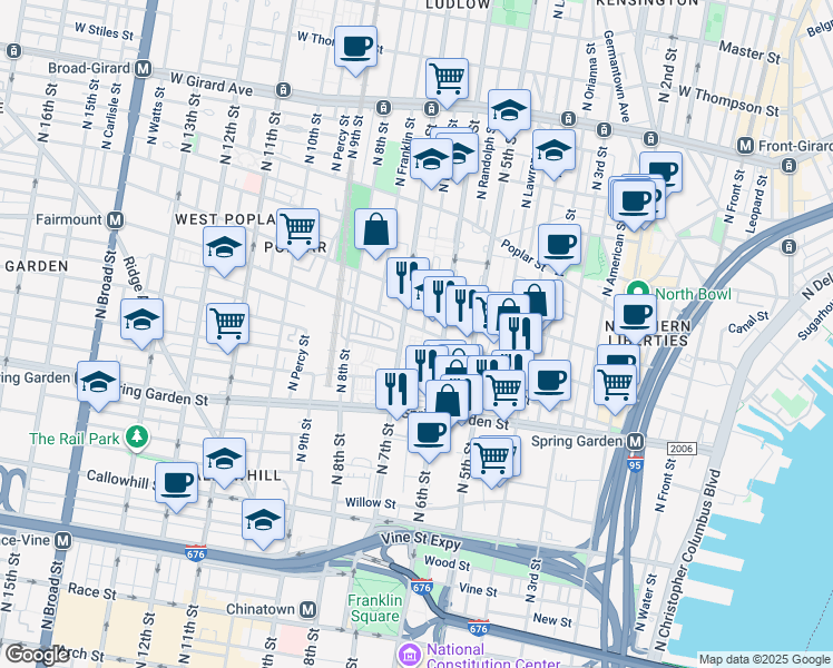 map of restaurants, bars, coffee shops, grocery stores, and more near 650 Fairmount Avenue in Philadelphia