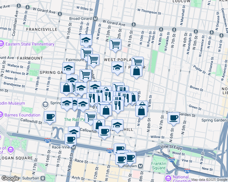 map of restaurants, bars, coffee shops, grocery stores, and more near 1125 Mount Vernon Street in Philadelphia