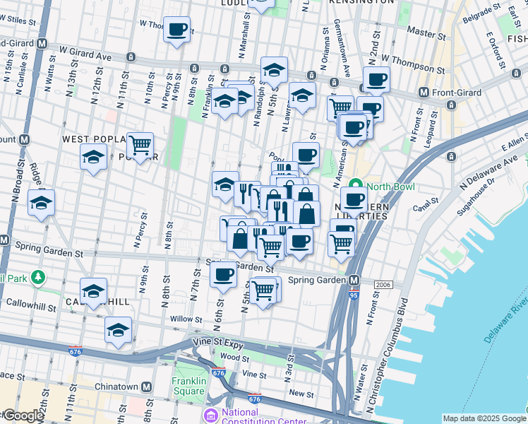 map of restaurants, bars, coffee shops, grocery stores, and more near in Philadelphia