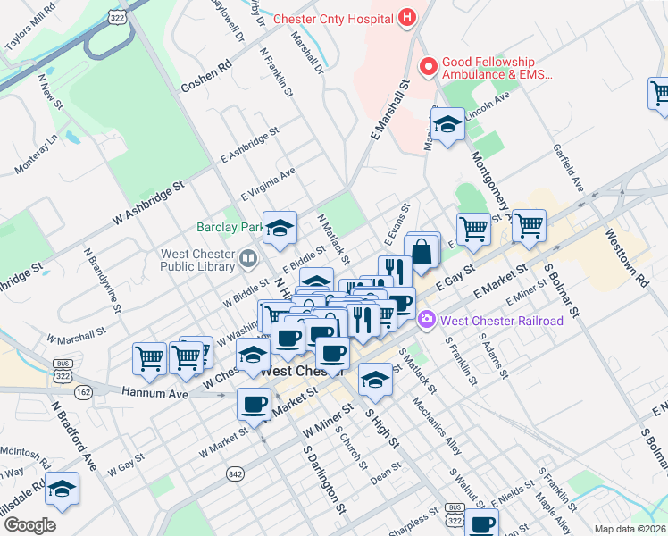 map of restaurants, bars, coffee shops, grocery stores, and more near 215 North Walnut Street in West Chester