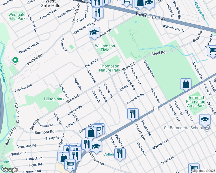 map of restaurants, bars, coffee shops, grocery stores, and more near 229 Rodmor Road in Havertown
