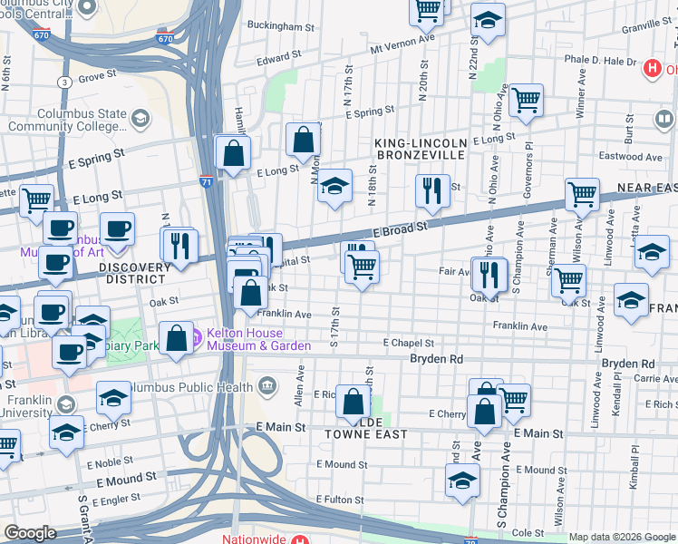 map of restaurants, bars, coffee shops, grocery stores, and more near 43 South Douglass Street in Columbus