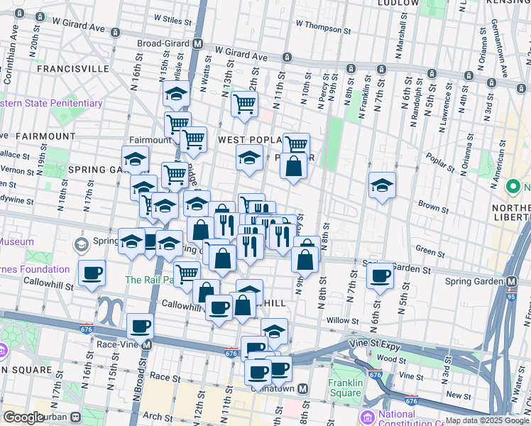 map of restaurants, bars, coffee shops, grocery stores, and more near 1030 Lemon Street in Philadelphia