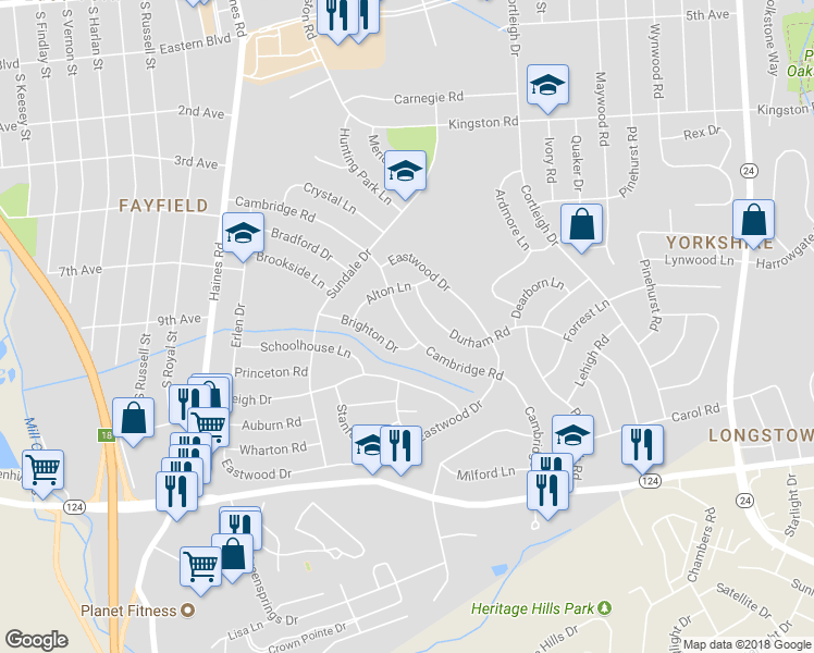 map of restaurants, bars, coffee shops, grocery stores, and more near Cambridge Road in East York