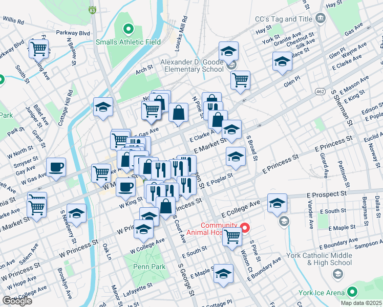 map of restaurants, bars, coffee shops, grocery stores, and more near 1 South Queen Street in York