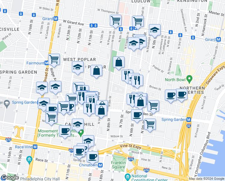 map of restaurants, bars, coffee shops, grocery stores, and more near 736 North Terrace in Philadelphia