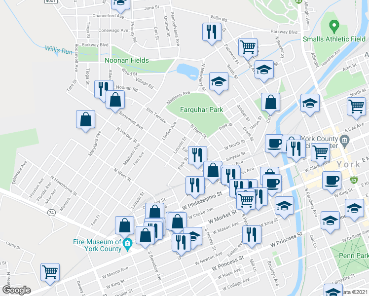 map of restaurants, bars, coffee shops, grocery stores, and more near 462 Lincoln Street in York