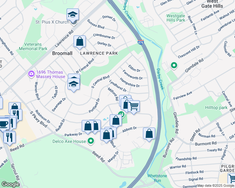 map of restaurants, bars, coffee shops, grocery stores, and more near 413 Milford Road in Broomall