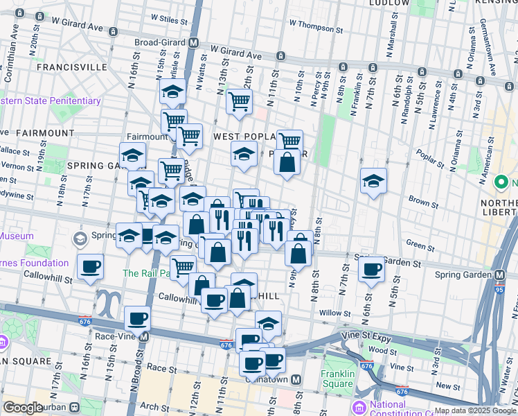 map of restaurants, bars, coffee shops, grocery stores, and more near 1030 Lemon Street in Philadelphia